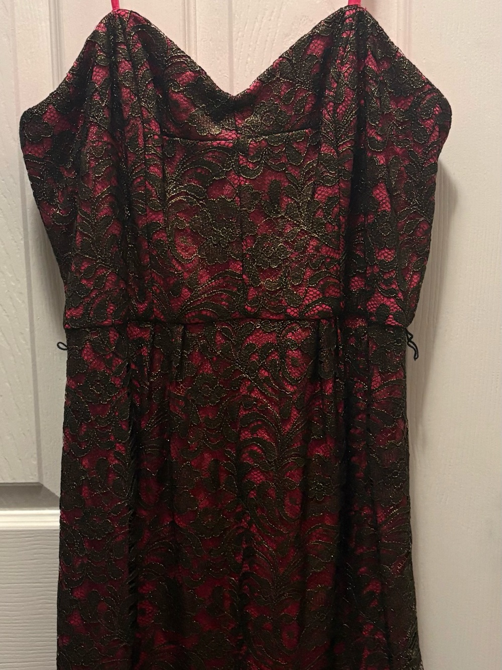 Andrianna Papell Strapless Burgundy Dress with Black Lace Overlay Size 10